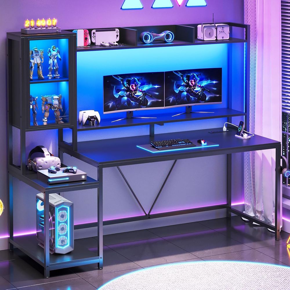 Monitor Stand - 60'' Gaming Desk with Storage, Hutch,